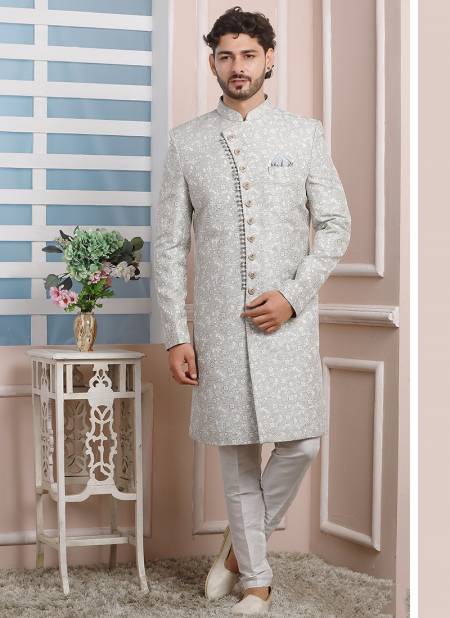 Gray Colour Party Wear Mens Jaquard Silk Indo Western Collection 1680